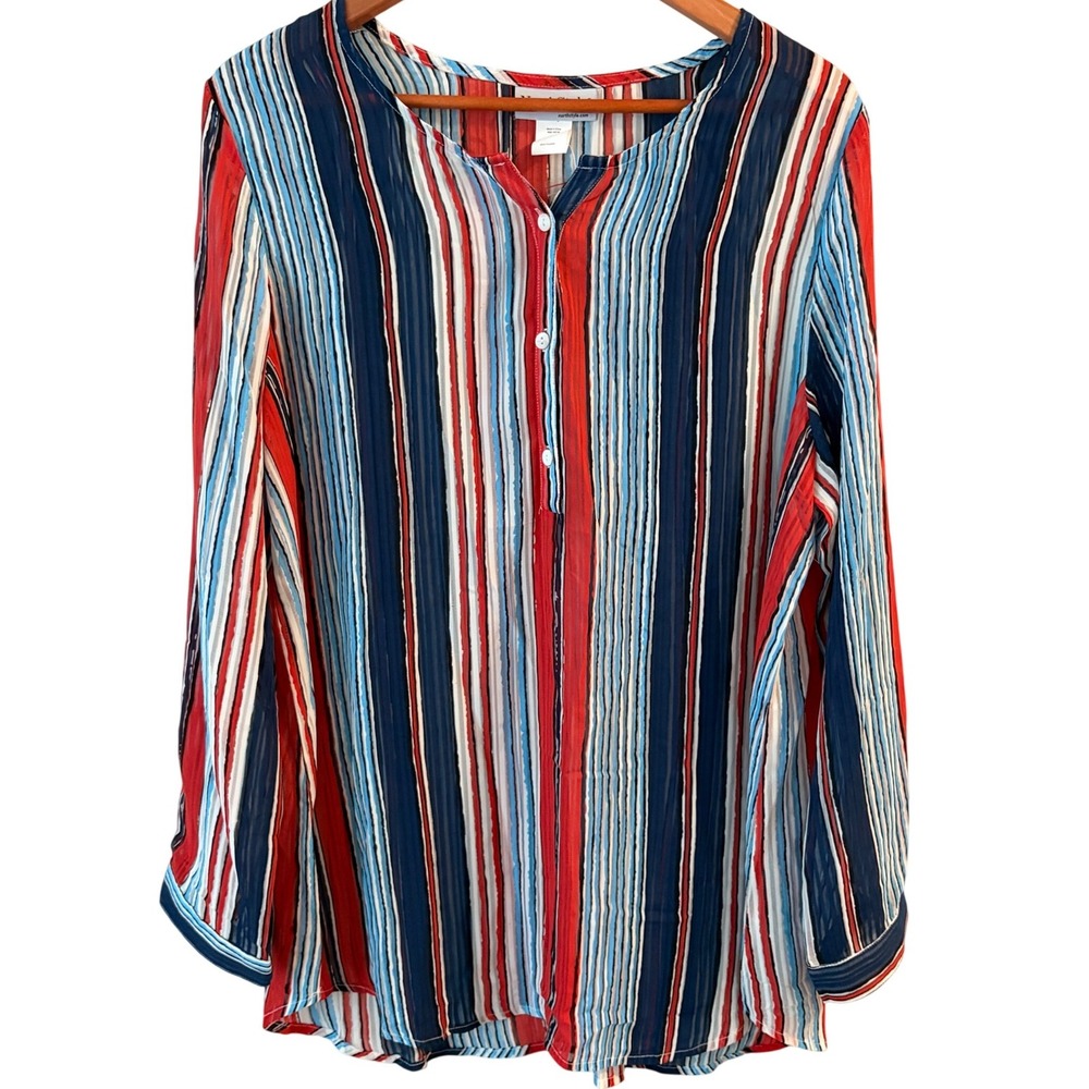 NorthStyle Long Tabbed Sleeve Sheer Stripe Blouse / Coverup Women's Size L NWOT